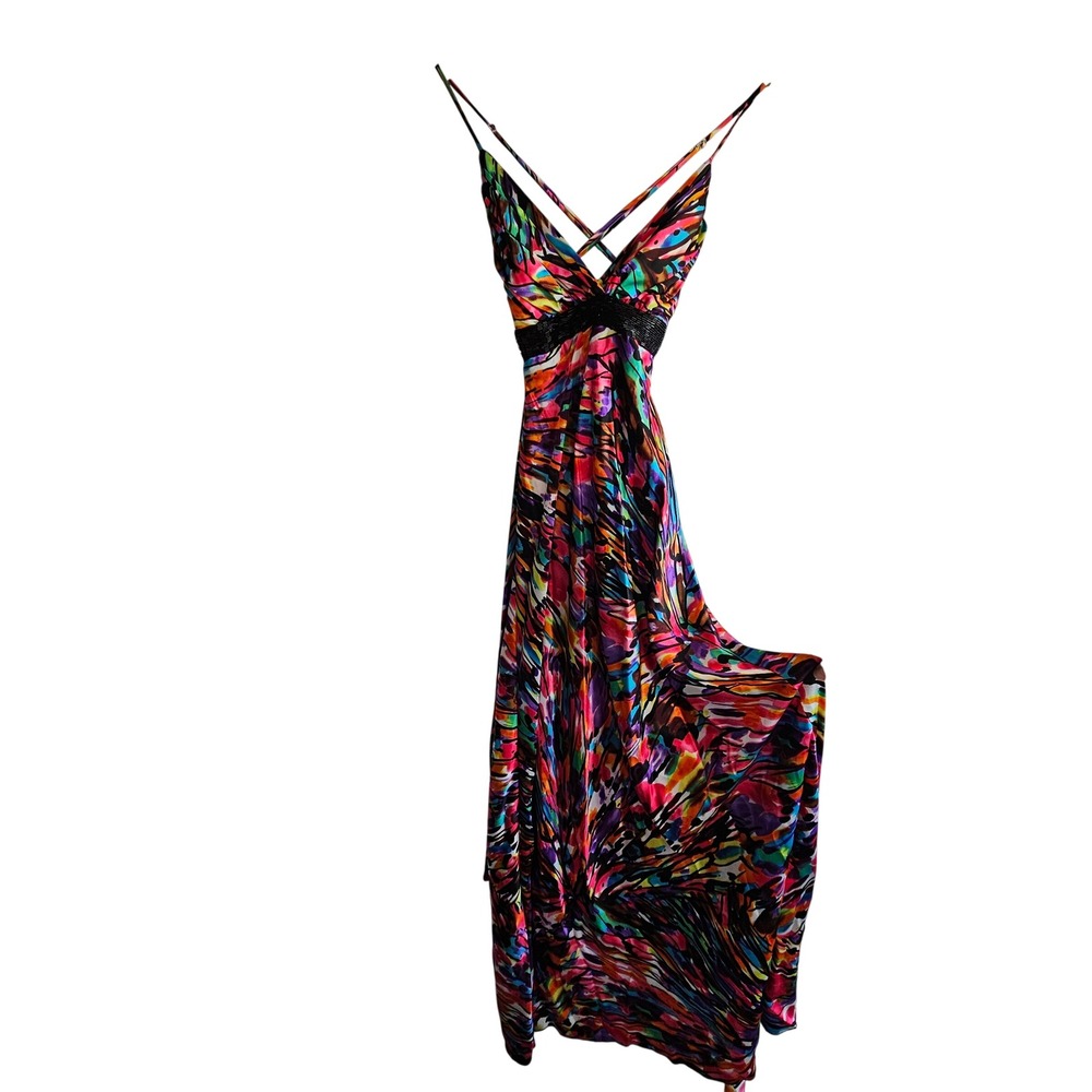 B. Darlin 90s Y2K Abstract Print Maxi Dress Beaded Empire Waist Colorful Flaw